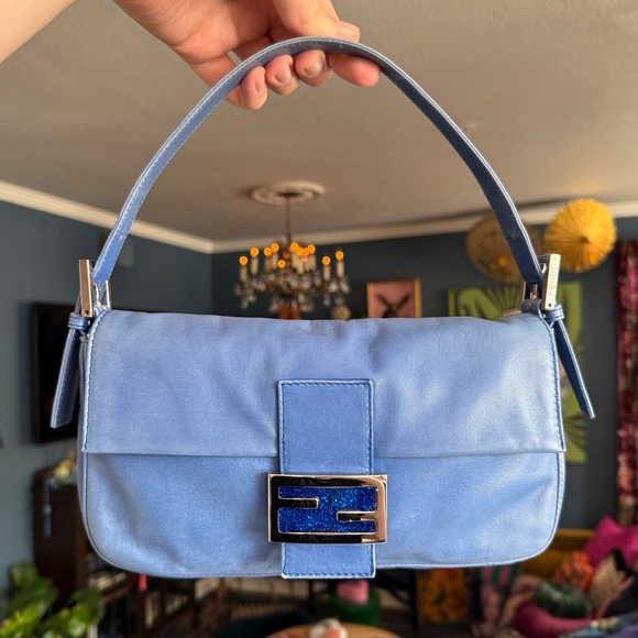 FENDI Classic Vintage Blue Leather Glitter FF Baguette Shoulder Bag - Picture 8 of 12